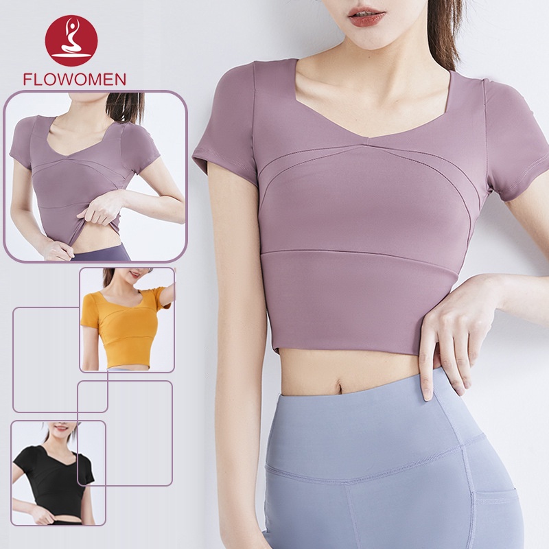 FLOWOMEN Áo croptop có tay tập gym yoga nữ Có Đệm Ngực Tay Ngắn Mau Khô Thích Hợp Cho Nữ Tập Thể Thao yoga đạp xe chạy thể dục
