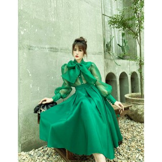 SET chân váy áo somi tơ trong suốt dài tay cổ nơ bồng dáng xòe dài màu xanh đi biển công sở hotgirl sexy xinh đẹp