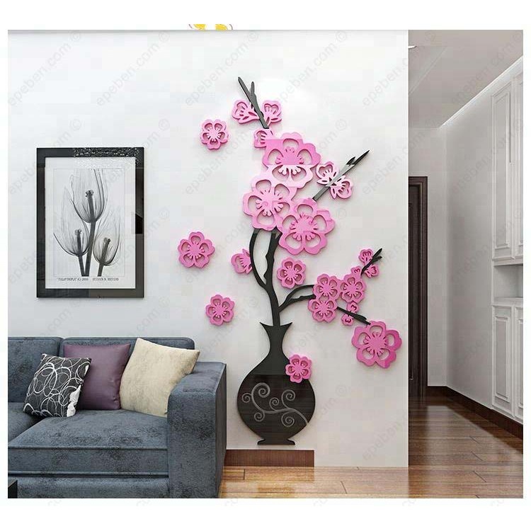 Tranh trang trí tết 2023 bình hoa nở rực rỡ tranh dán tường mica 3d decor khổ lớn trang trí phòng khách, phòng ngủ