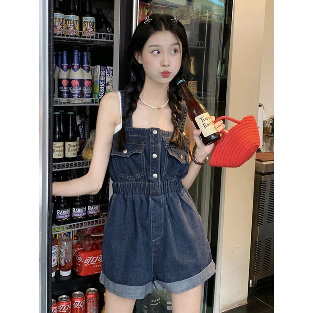 Quần Yếm Denim Dáng Ngắn Ống Rộng Thời Trang Mùa Hè Dành Cho Nữ