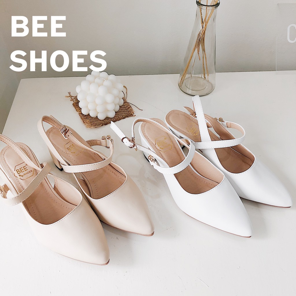 BEESHOES - GIÀY BÚP BÊ NỮ MŨI NHỌN TRƠN DA MỀM - GIÀY BÚP BÊ NỮ GÓT VUÔNG CAO 5 PHÂN SẴN MÀU BE - TRẮNG 201073