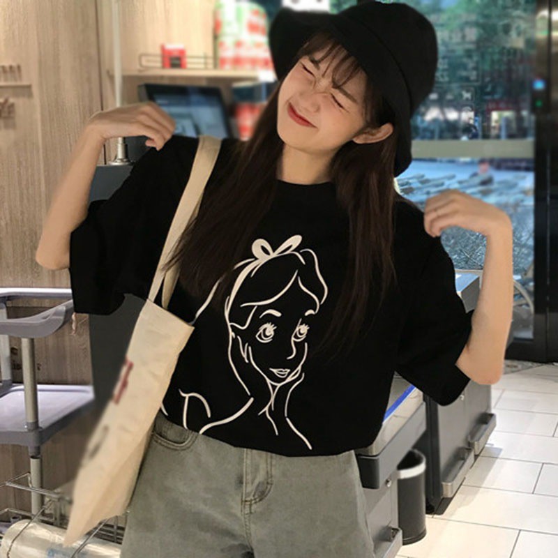 Áo Croptop Tay Ngắn Cổ Tròn Hoạ Tiết Hoạt Hình Phong Cách Hàn Quốc
