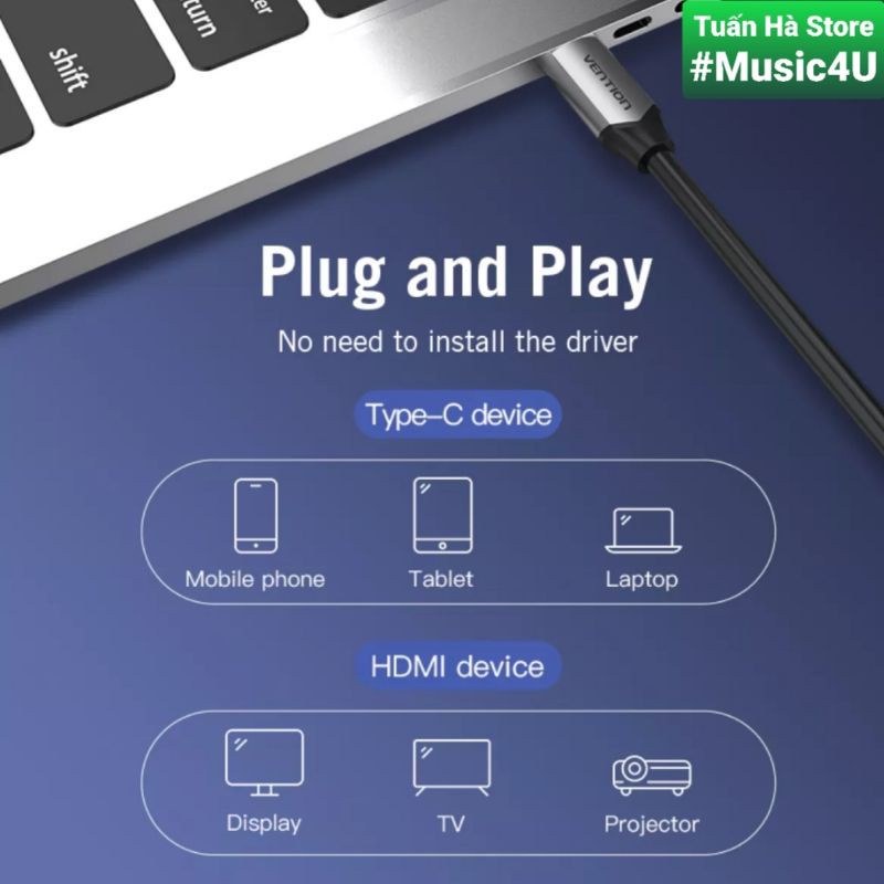 Dây cáp chuyển đổi Vention USB Type C to sang HDMI 4K 60Hz cho LG Huawei Samsung Dex Laptop Macbook Tuấn Hà Store