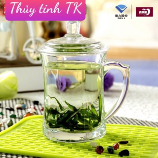 Ly tách thủy tinh quai cằm có nắp dày chịu nhiệt  340ml