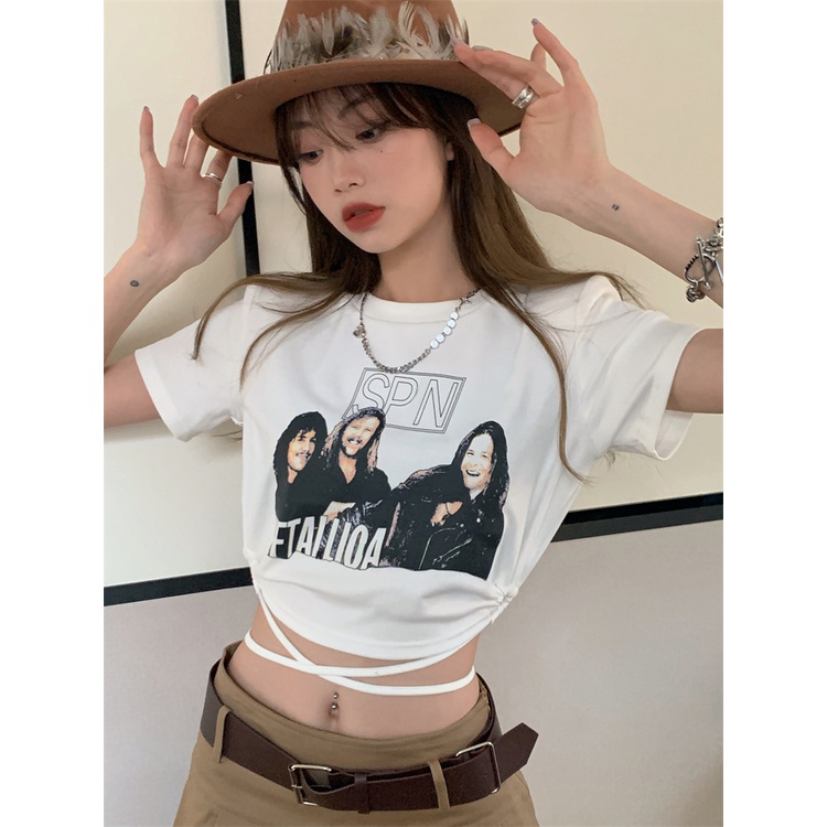 Cocory vn Áo Thun Crop Top Tay Ngắn Cột Dây Thời Trang Mùa Hè Phong Cách Hàn Quốc Cho Nữ