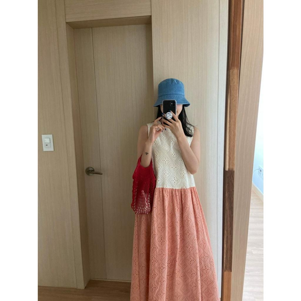 Váy (Đầm)  trắng cổ tròn vạt cách điệu vải thêu cao cấp