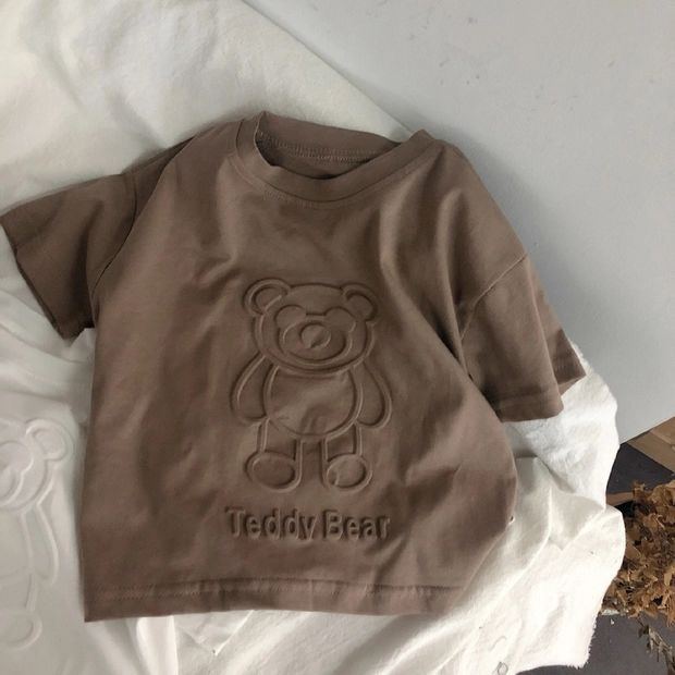 Áo thun cotton mềm tay ngắn họa tiết gấu in nổi xinh xắn dành cho bé trai