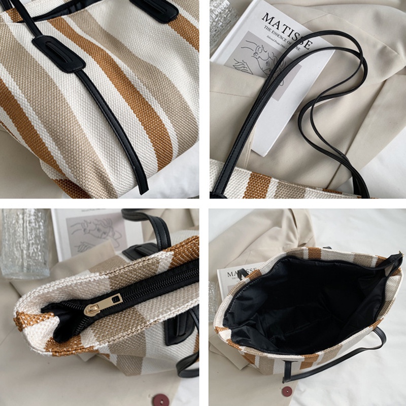 Túi đeo vai bằng vải canvas họa tiết kẻ sọc màu tương phản thời trang cho nữ