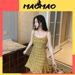 Váy đầm nữ 2 dây bánh bèo tiểu thư màu vàng sọc caro