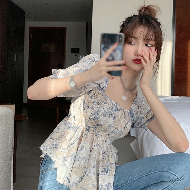 Áo Chiffon Tay Ngắn Cổ Vuông In Hoa Phong Cách Hàn Quốc Cho Nữ