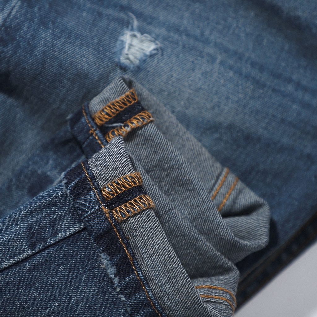 Quần jean dài nam DEFOXX xanh wash rách nhẹ,Form Slimfit,chất vải co dãn,ống quần 15 - 18cm,hàng VNXK -220620