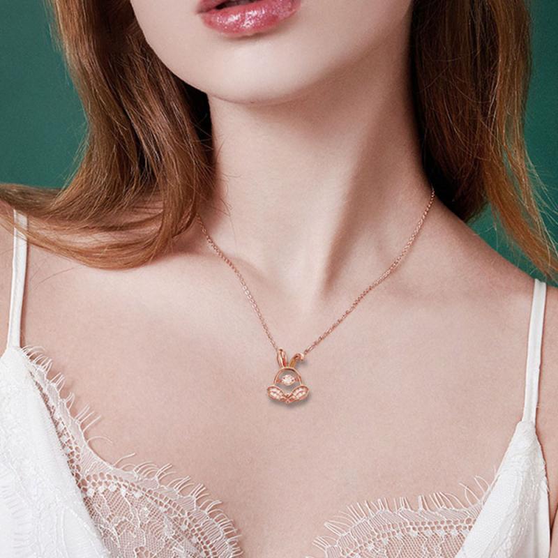 XiaoboACC Vòng cổ Thép Titan Mạ Vàng Hồng 18k Mặt Thỏ Kim Cương Cho Nữ - 38CM+6CM