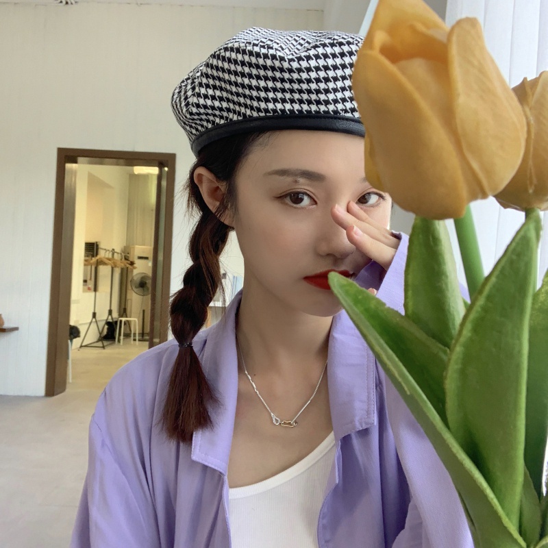 Mũ beret co giãn in họa tiết Houndstooth phong cách Hàn Quốc cho nữ