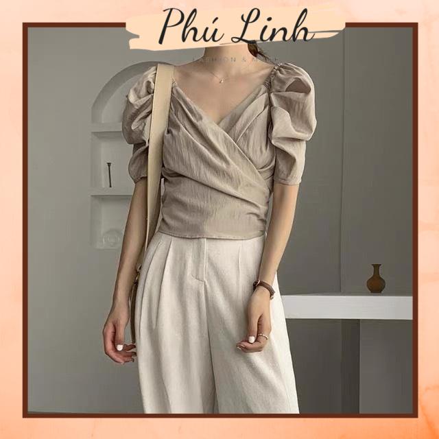 MS261 Áo kiểu nữ vạt chéo tay bồng thắt nơ lưng