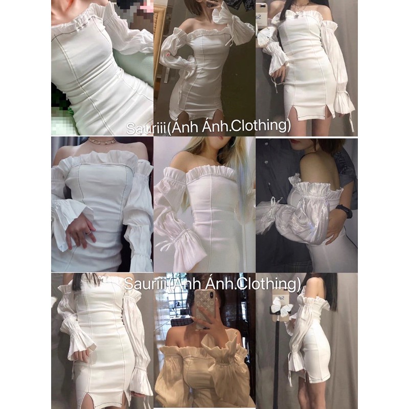 Đầm ôm body xẻ đùi sang chảnh sexy quyến rũ đi tiệc tiểu thư trễ vai tay lụa bóng cột nơ | BigBuy360 - bigbuy360.vn