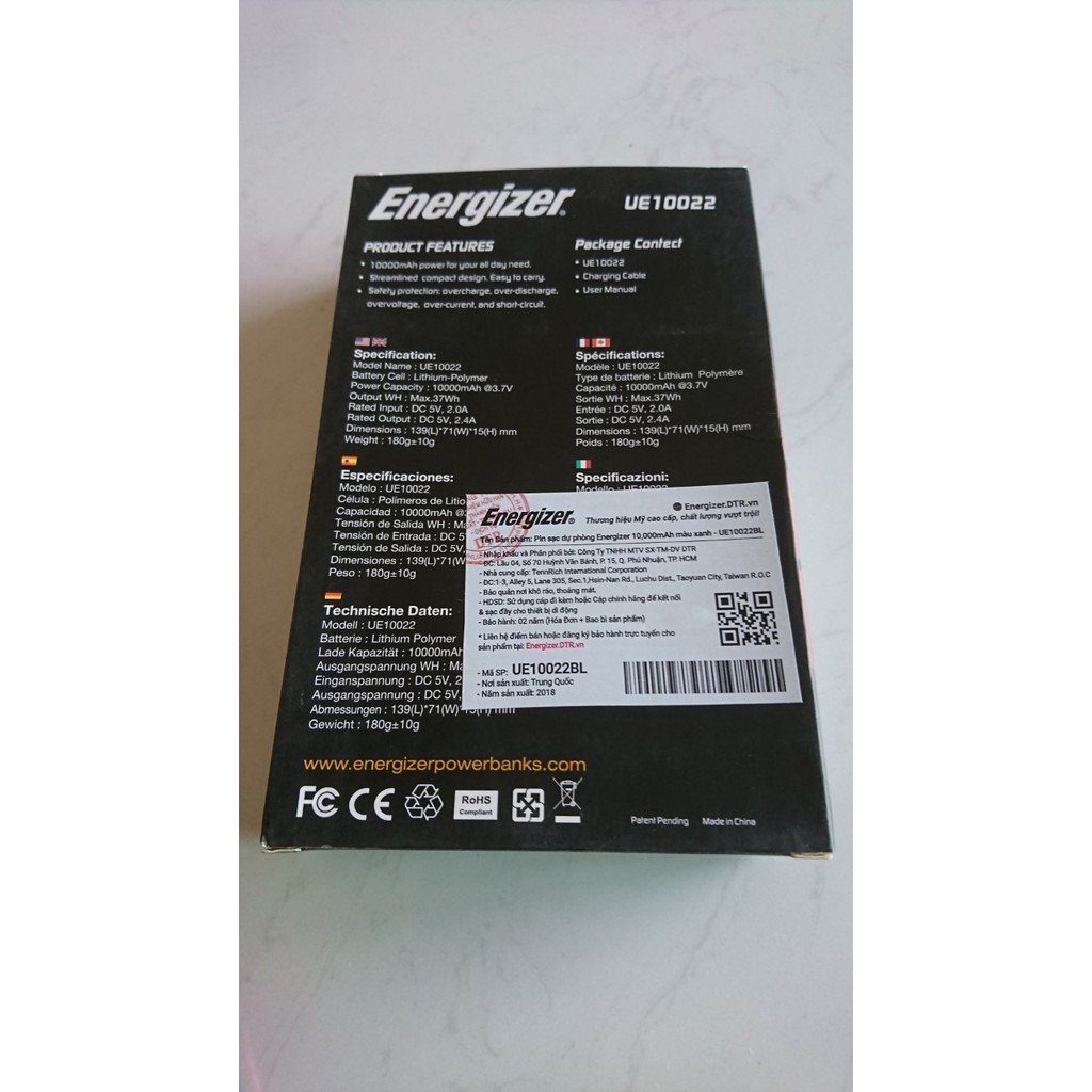 Sạc dự phòng Energizer 10000mAh - UE10022 (chính hãng, full box, nguyên seal)