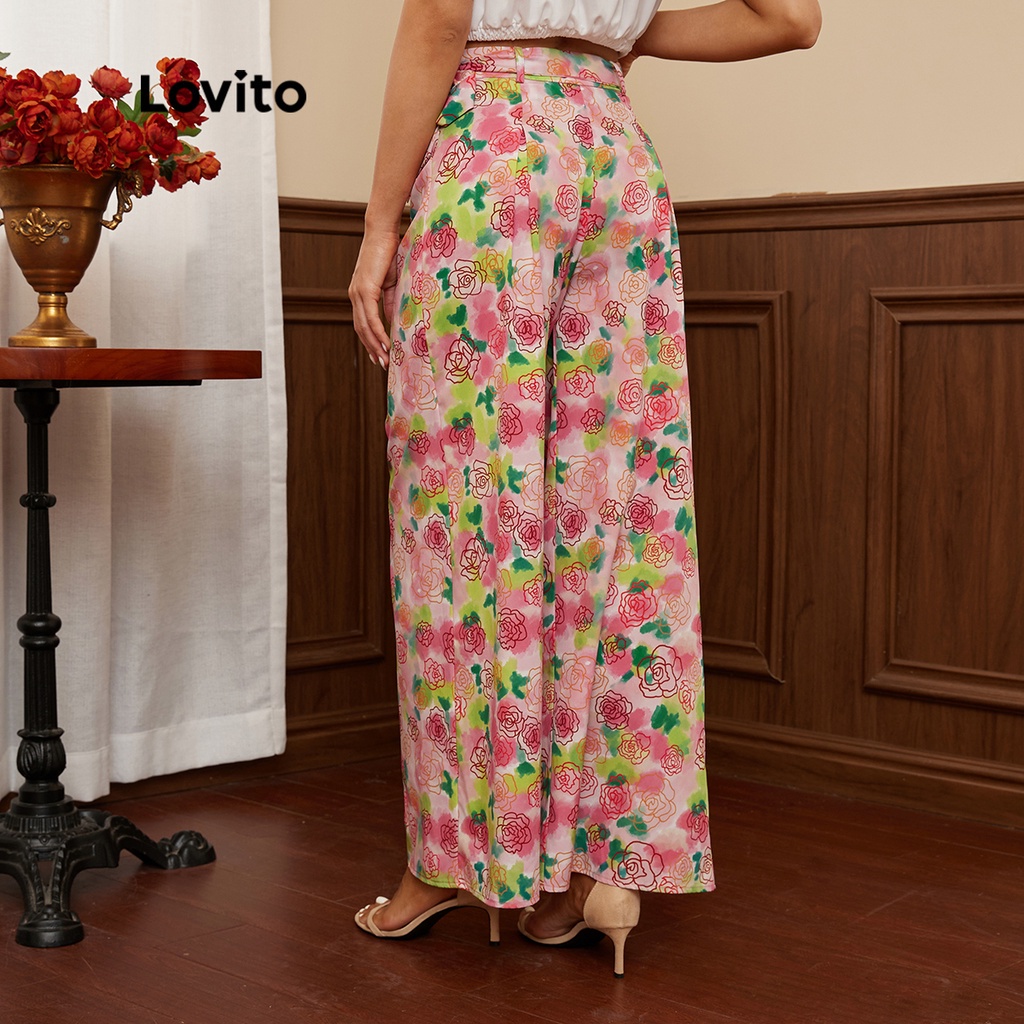 Quần Lovito ống rộng có dây thắt lưng in họa tiết hoa phong cách thanh lịch L17E030 (Nhiều màu sắc)