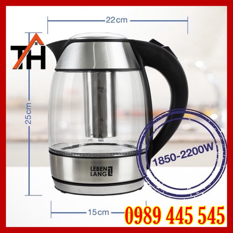 Ấm Đun Nước Siêu Tốc LEBENLANG Đức - Bình Thủy Tinh Dung Tích 1.8L - Hàng Chính Hãng Bảo Hành 2 Năm