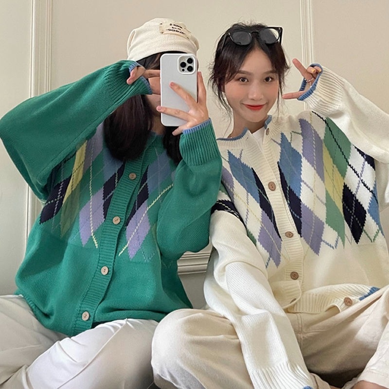 Áo khoác Cardigan dệt kim dáng rộng họa tiết kim cương xanh lá thời trang cho nữ