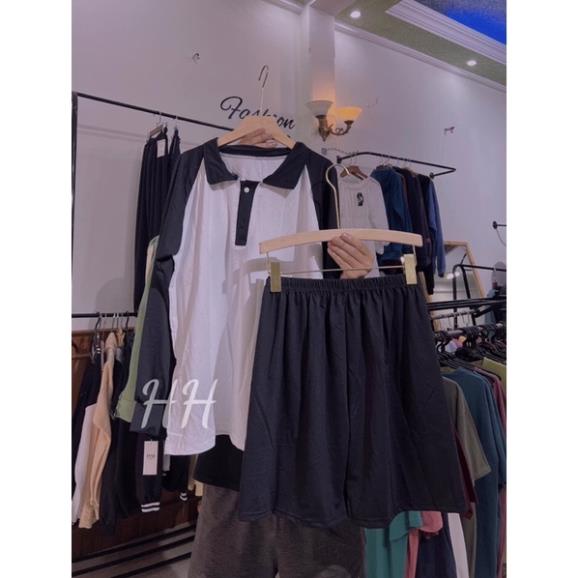 [Xa Kho] [Xa kho] Set Polo Nữ Form Rộng Phối Raplang , Bộ Thể Thao Tay Dài Áo Cổ Đức Tay Dài Kèm Quần Short Năng Động