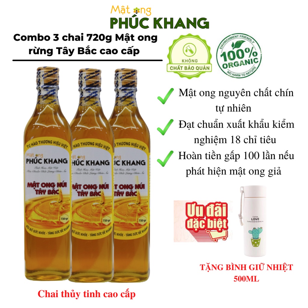 Mật ong rừng Tây Bắc Phúc Khang 720G - Combo 3 chai- Thu hoạch tự nhiên - Đạt chuẩn xuất khẩu