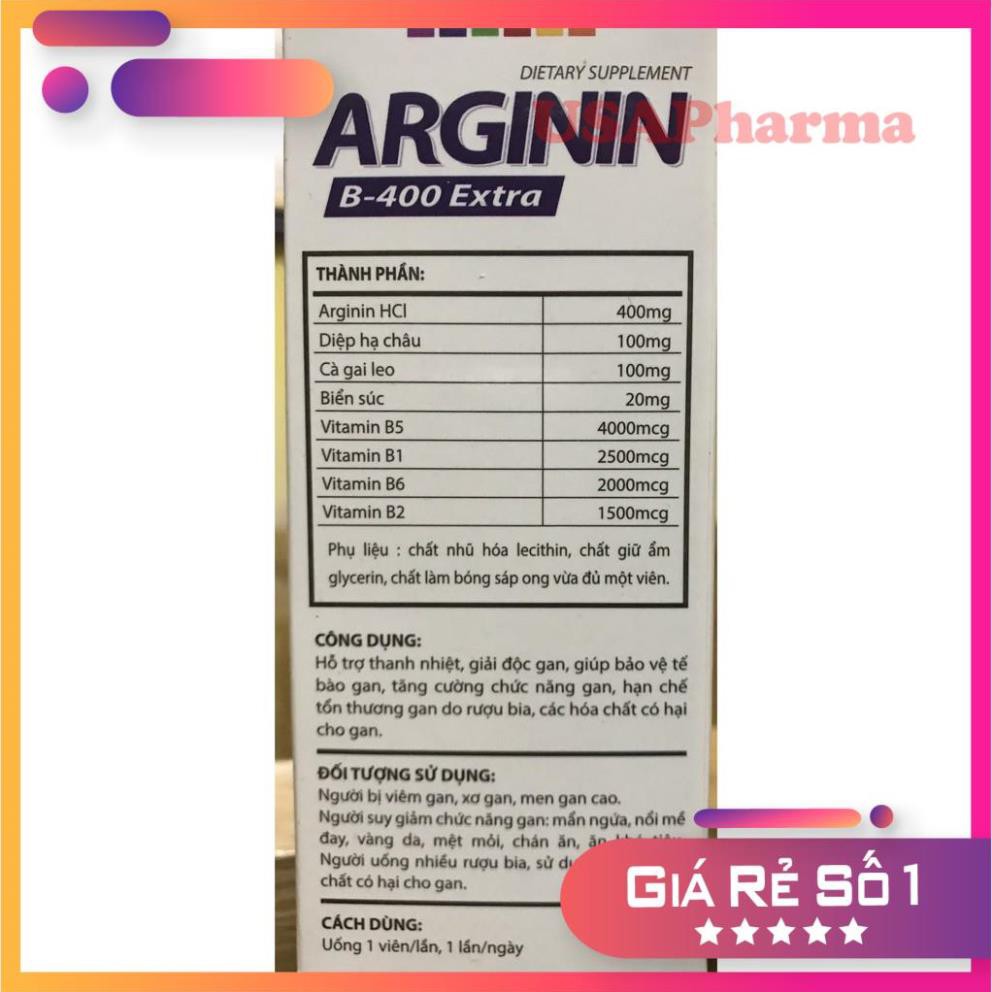 Viên uống ARGININ B-400 EXTRA - Mát gan, bảo vệ và phục hồi chức năng gan do rượu bia thuốc lá - Hộp 60 viên