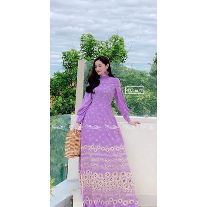 ĐẦM MAXI HOA TÍM TAY DÀI KÍN CỔ VÁY XOÈ
