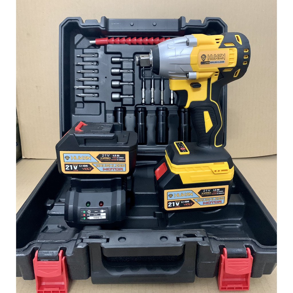 Máy siết bulong hukan dùng pin không chổi than 21V pin 15cel cao cấp Hukan - Tặng kèm bộ phụ kiện 24 chi tiết