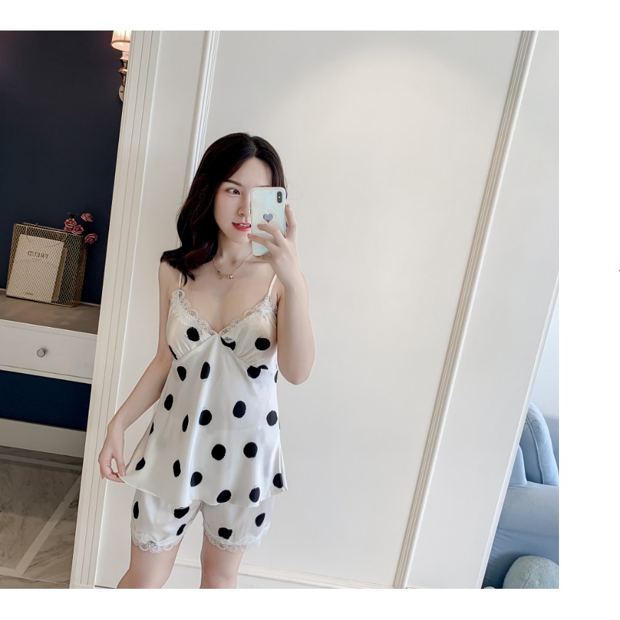 HISEXY Đồ Bộ Ngủ Chấm Bi Có Mút Ngực Quần Cộc Lụa Satin Có Mút Ngực MS38 | BigBuy360 - bigbuy360.vn