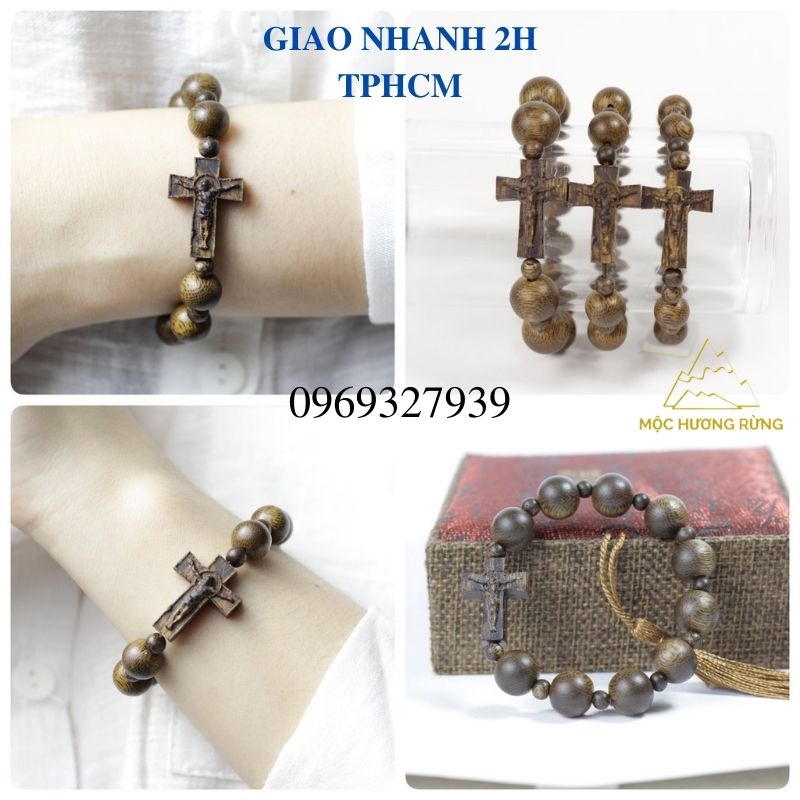 Chuỗi Tràng Hạt Mân Côi Trầm Hương 10 Hạt - Vòng Tay Trầm Hương Mix Thánh Gía Size 8mm-14mm