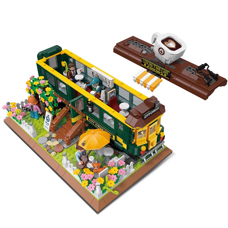 Set 1081 Mảnh Đồ Chơi Lắp Ráp Mô Hình Tàu Lửa Quán Cà Phê Mini Sáng Tạo
