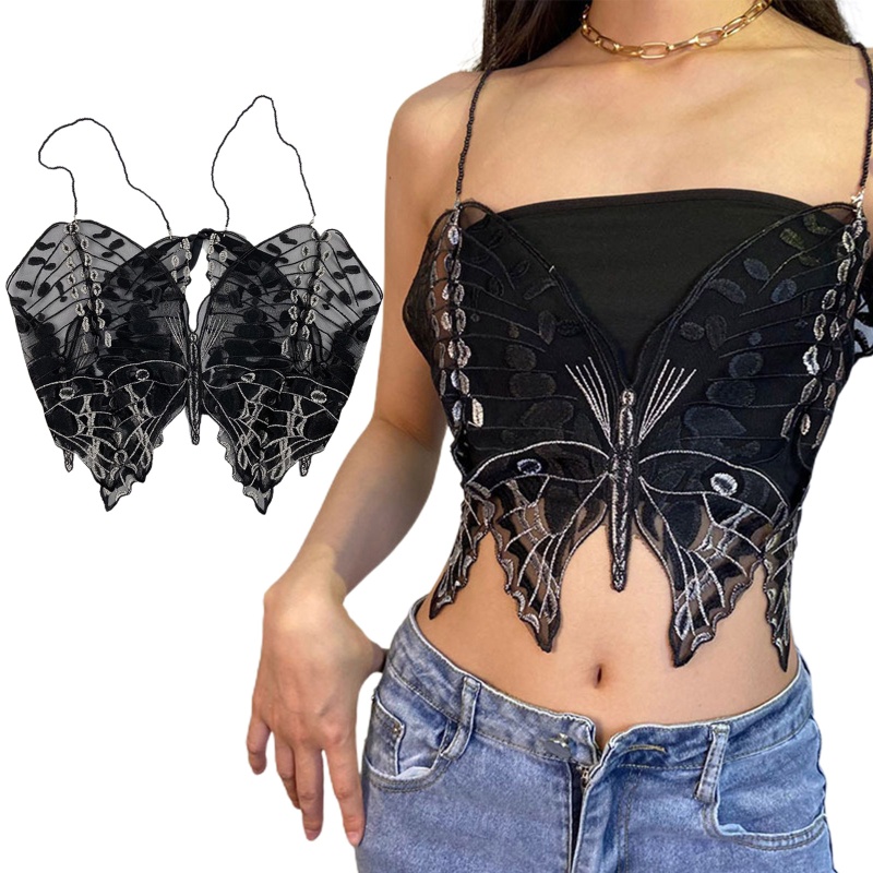 Áo Croptop Lưới Cổ Chữ V Thêu Họa Tiết Bươm Bướm Quyến Rũ Thời Trang Cho Nữ
