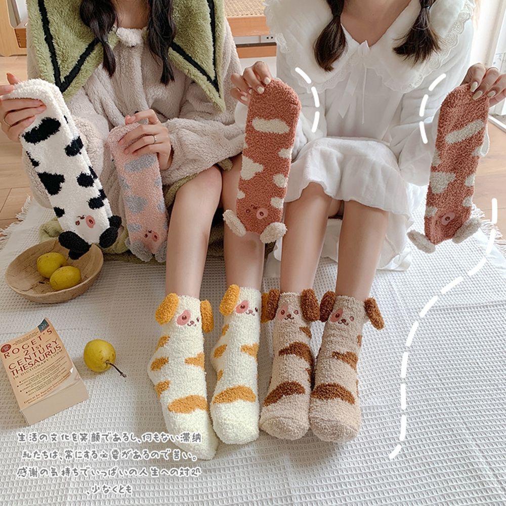 Vớ cao vải lông cừu san hô mềm mại dày dặn thoáng khí thêu tai thú đáng yêu cho nữ