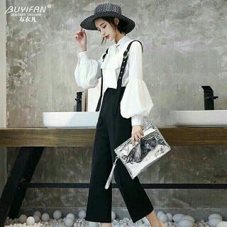 Set áo tay phồng + quần yếm