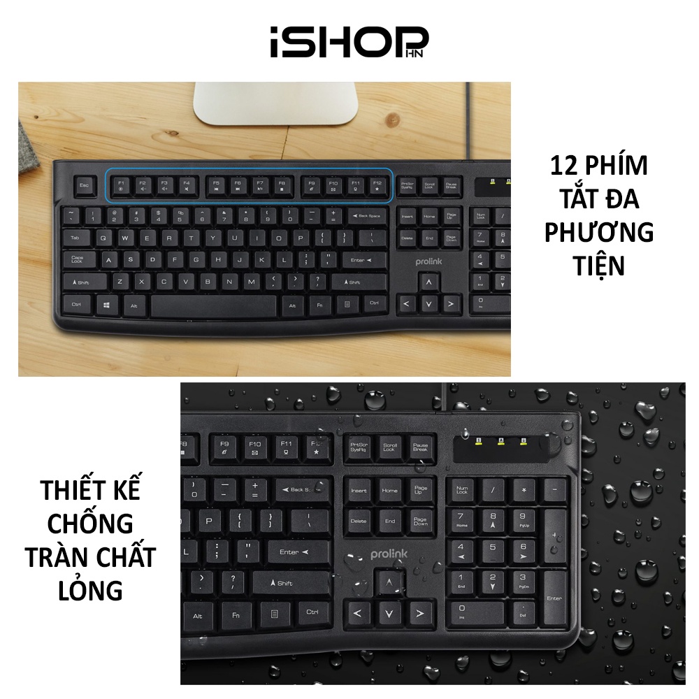 Bộ bàn phím chuột có dây Prolink PCCM2003 Fullsize, chống thấm nước, 12 phím truy cập nhanh, giá siêu rẻ