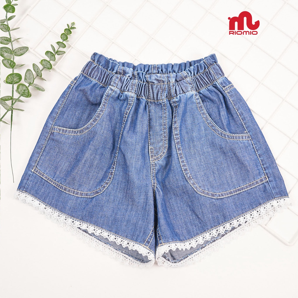 Quần short jean cho bé gái 3-11 tuổi (15-40kg) RIOMIO 100% cotton USA phối chân ren - RO075