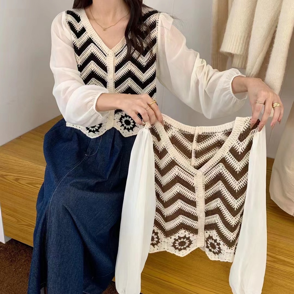 SUXI Áo Dệt Kim Cổ Chữ V Dáng Rộng Thời Trang Mùa Thu Cho Nữ