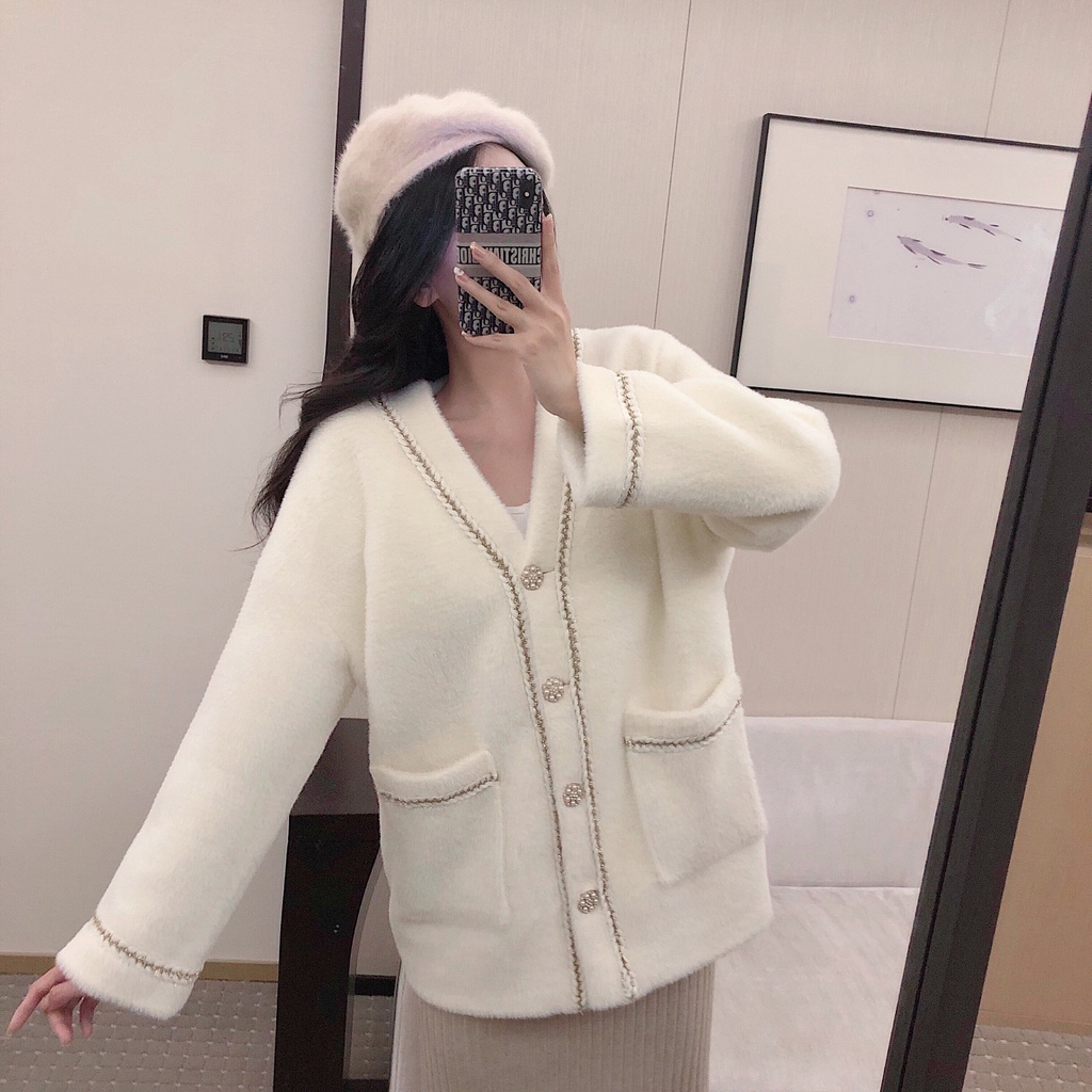 DẠ TWEED | Áo Khoác Cardigan Len Nữ Giả Dạ Tweed Cổ V Dài Tay Dày Dặn Hàng Quảng Châu, Phong Cách Hàn Quốc