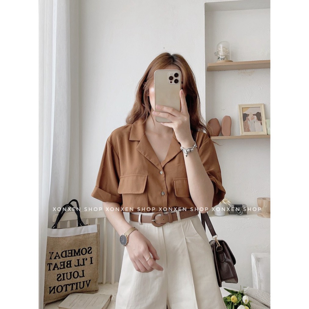 ÁO SƠ MI NỮ XONXEN SHOP, áo sơ mi cổ vest túi trước, freesize, mã 43