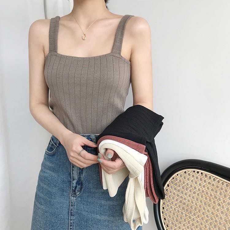 Áo Tank Top Dệt Kim Kẻ Sọc Màu Sắc Đơn Giản Phong Cách Hàn Quốc Cho Nữ