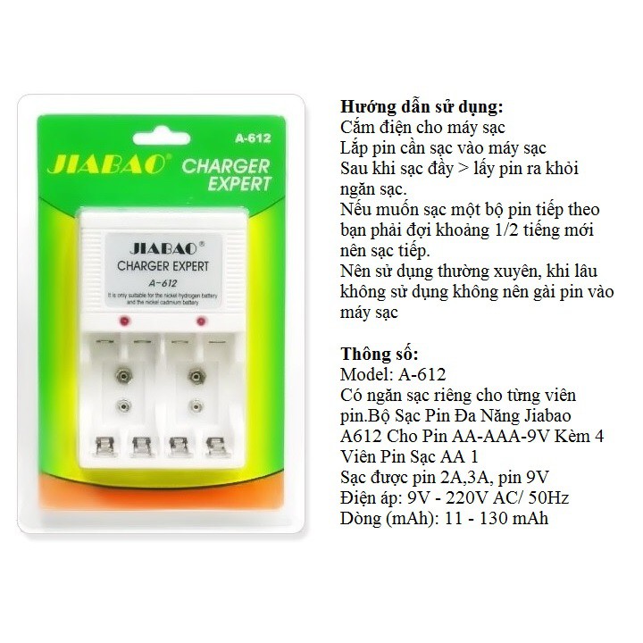 Sạc Pin Đa Năng Jiabao A612 Cho Pin AA-AAA-9V Kèm 4 Viên Pin Sạc AAA