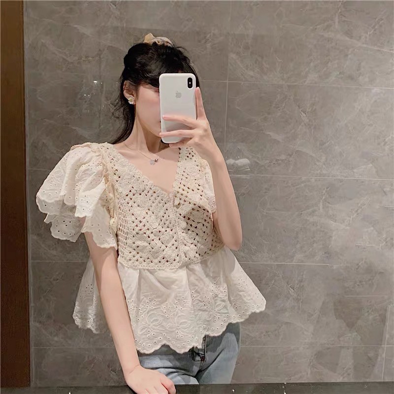 [VIDEO THẬT] Áo freesize kiểu dáng babydoll, áo tay bèo, áo cánh tiên thêu hoa cổ v tiểu thư-shopbelinh