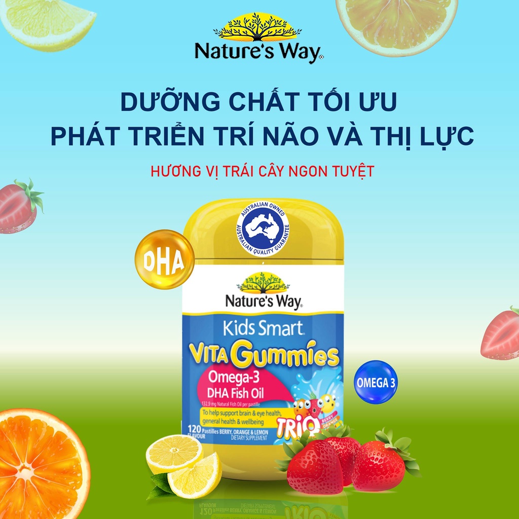 Combo 2 Kẹo Dẻo Dầu Cá Vị Trái Cây Trẻ Em NATURE'S WAY Tốt Cho Não Bộ Và Mắt, Hộp 60 Viên x 2