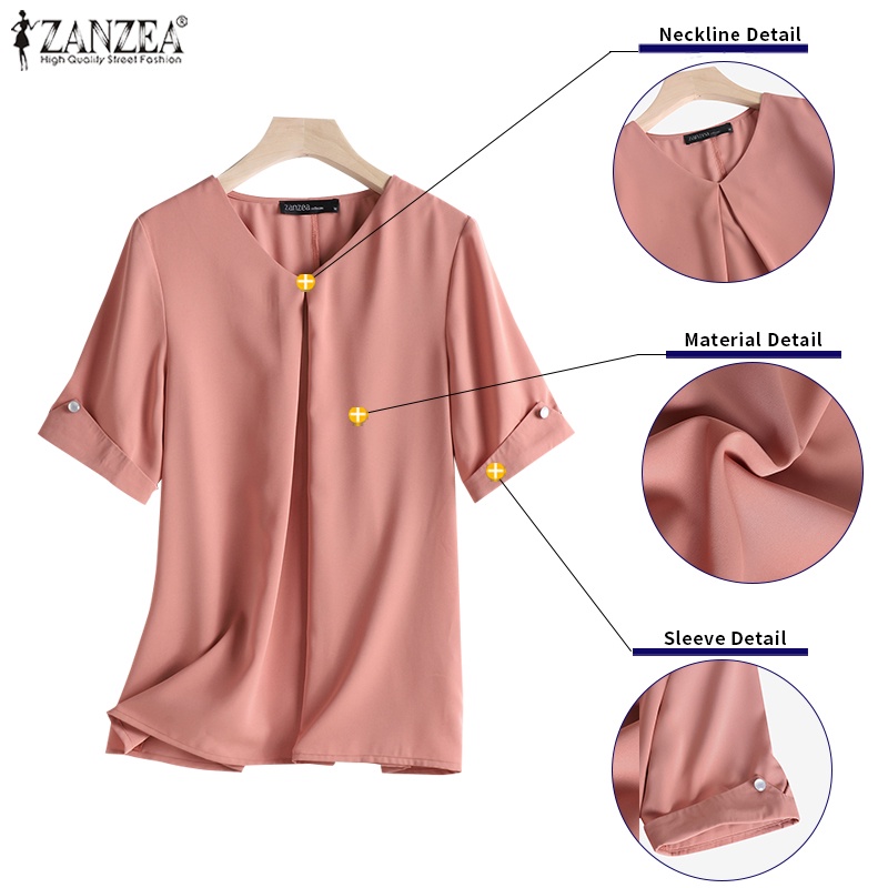 Áo kiểu ZANZEA ngắn tay cổ chữ V màu trơn phong cách Hàn Quốc thời trang cho nữ