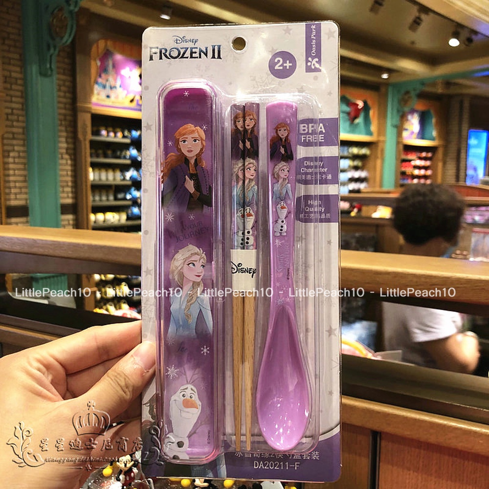 Set đũa muỗng Disney gỗ nhựa kèm hộp trong suốt Frozen Car Mickey Minnie cho trẻ em bé trai gái