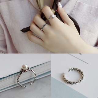 Nhẫn hai mảnh nhẫn xoắn bện bạc cổ điển, nhẫn mở ngọc trai