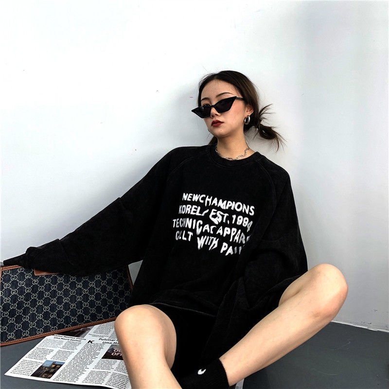 COZOK Áo sweater Tay Dài Dáng Rộng In Chữ Thời Trang