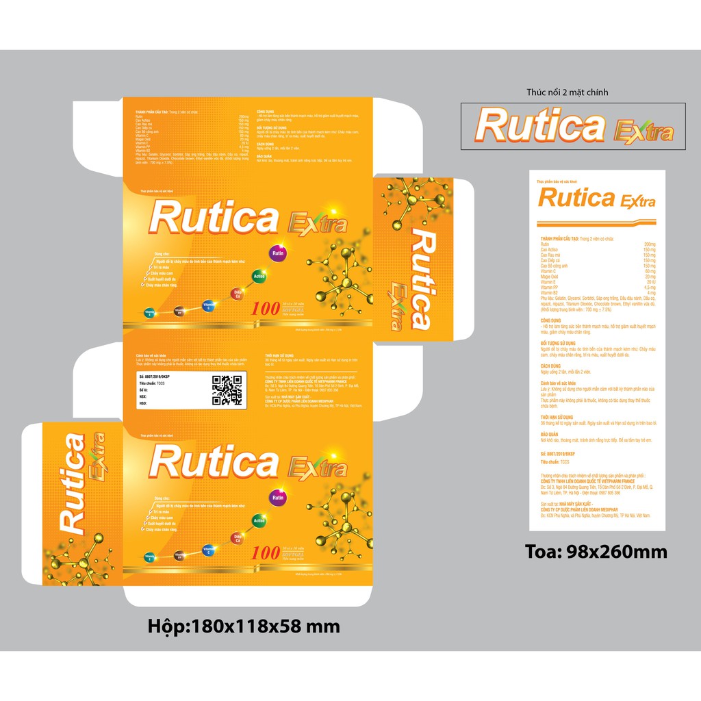 RUTICA Extra Hộp 100 Viên - Tăng cường sức bền mạch máu, giảm xuất huyết mạch máu.