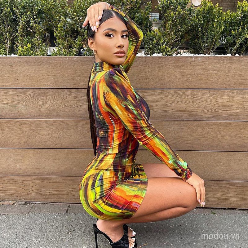 Đầm tay dài cổ cao in họa tiết nghệ thuật thời trang cho nữ