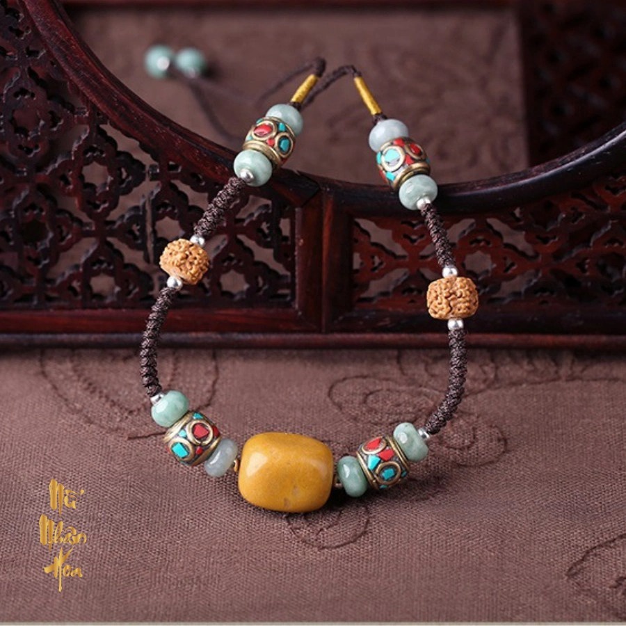 VC108 Vòng Cổ Hạt đá màu vàng lu thống mix cùng các hạt đá màu xanh lục nhạt và hợp kim tráng men.